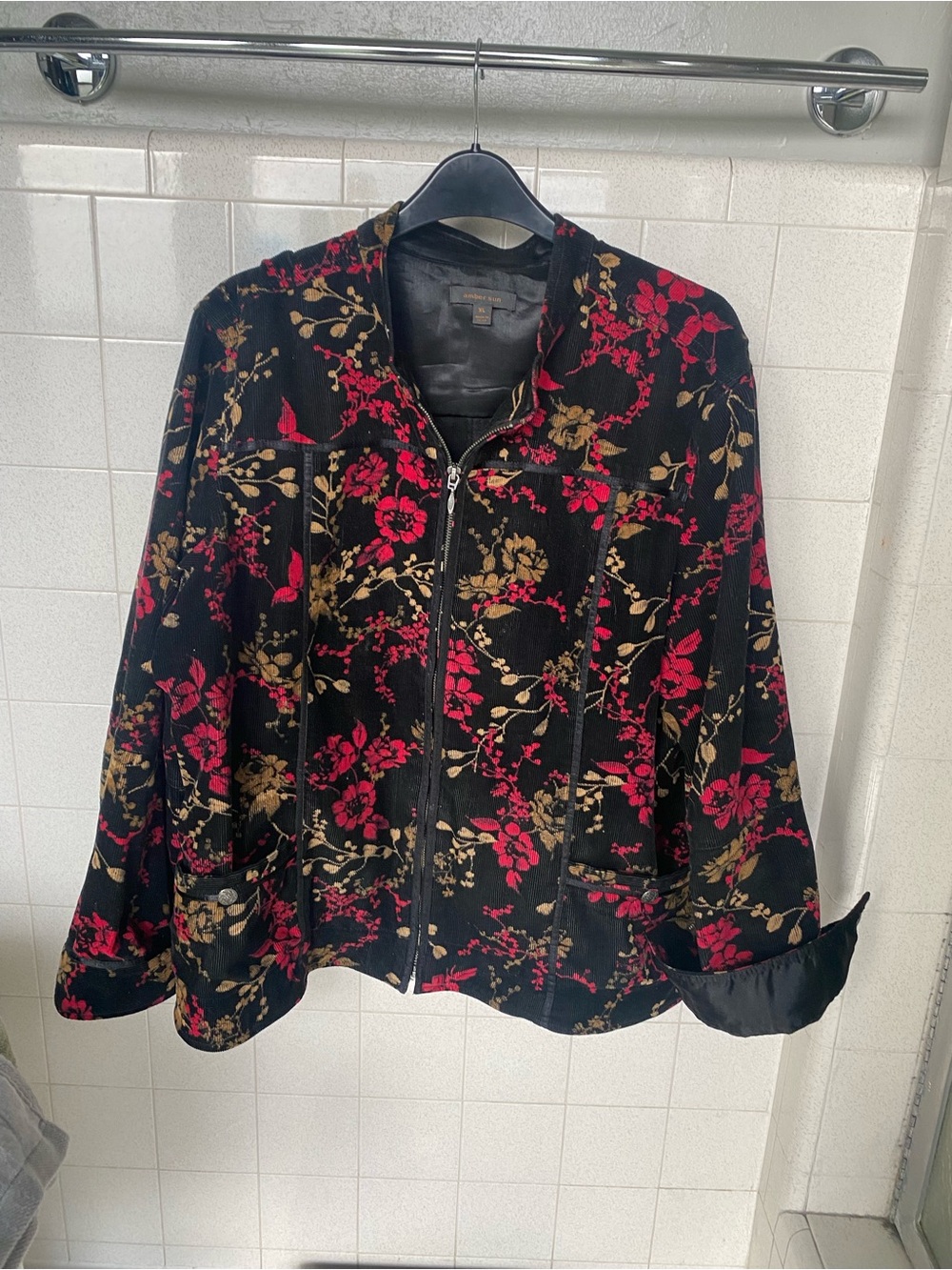Floral Zip Front Jacket - Black with Red & Gold Floral